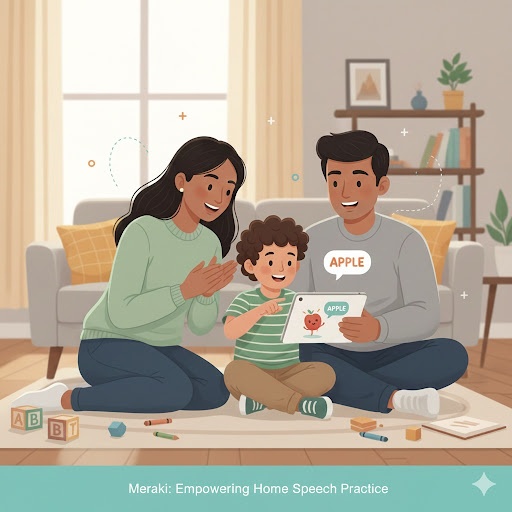Parent and child practicing speech therapy at home with Meraki
